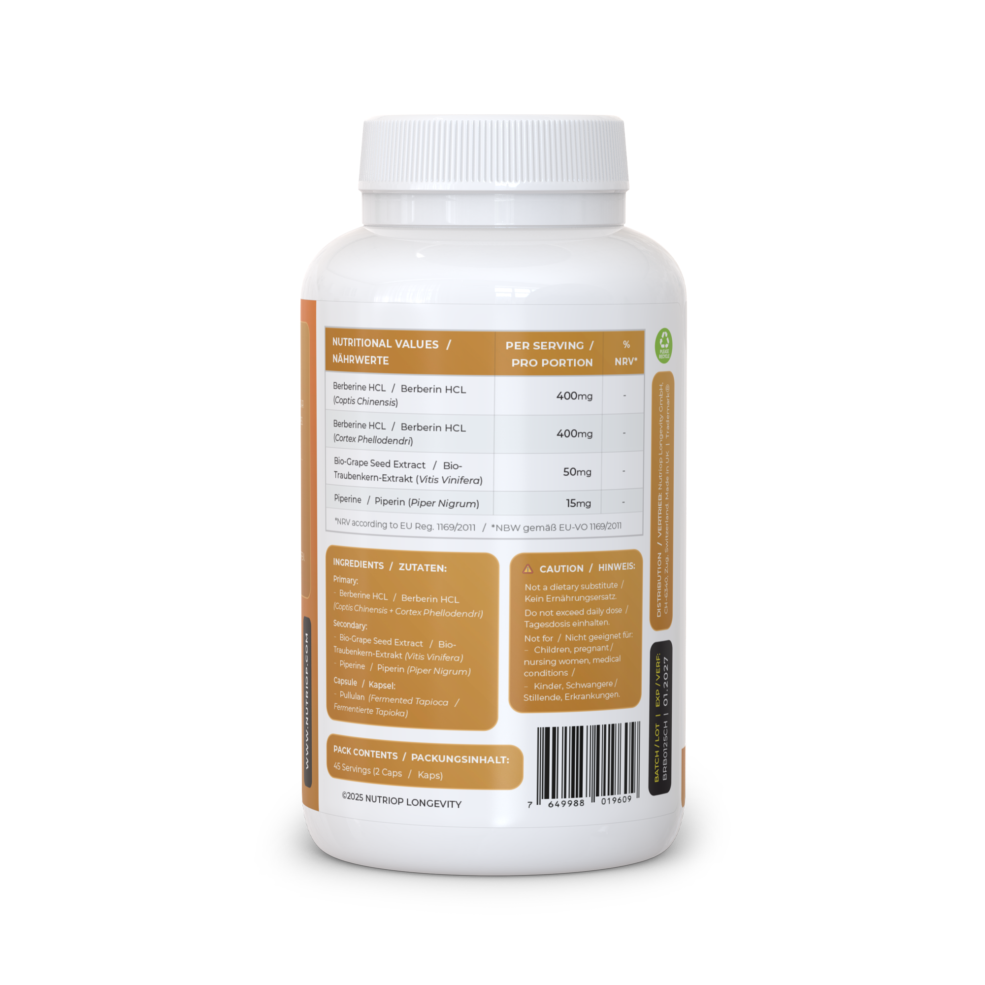 Nutriop® Bio-Enhanced Berberine HCL 865mg - Dual-Source Metabolic AMPK Activator (90 Capsules)