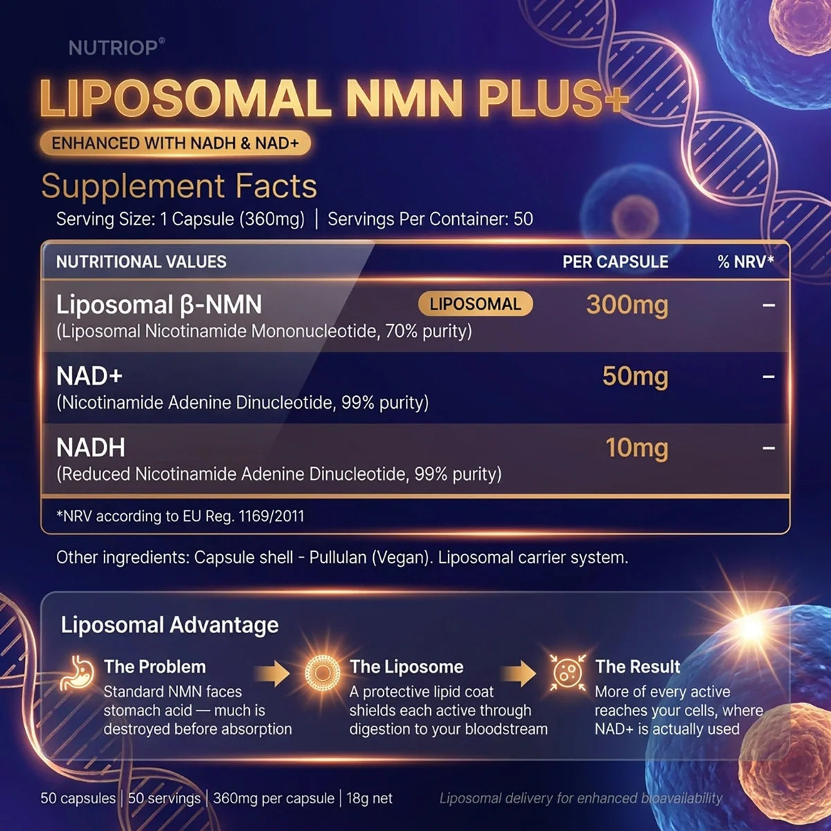 Nutriop® Max Strength Liposomal NMN PLUS+: Advanced Absorption NAD+ Complex (50 Capsules)