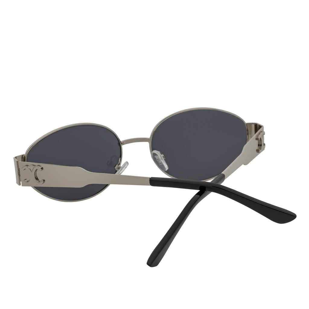 SELINE - Small Metal Round Oval Sunglasses Silver Smoke-4