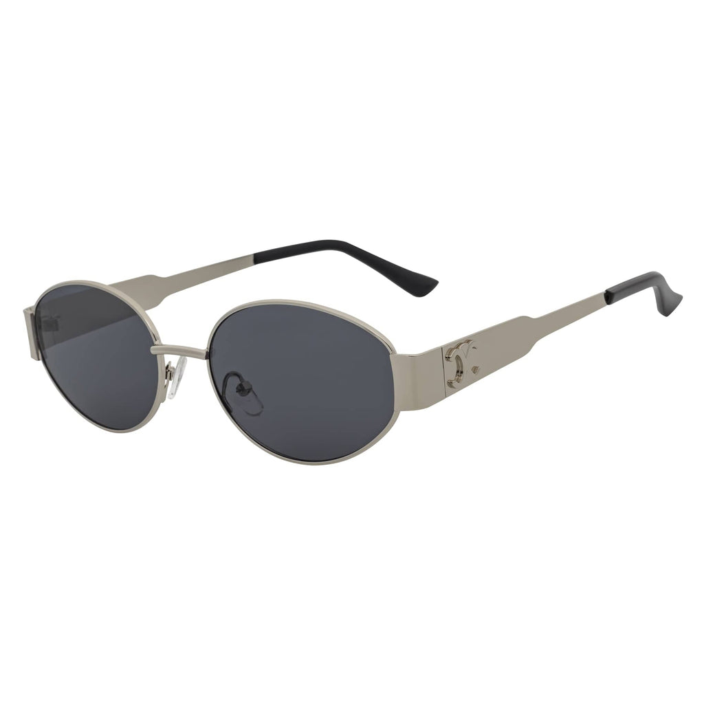 SELINE - Small Metal Round Oval Sunglasses Silver Smoke-1